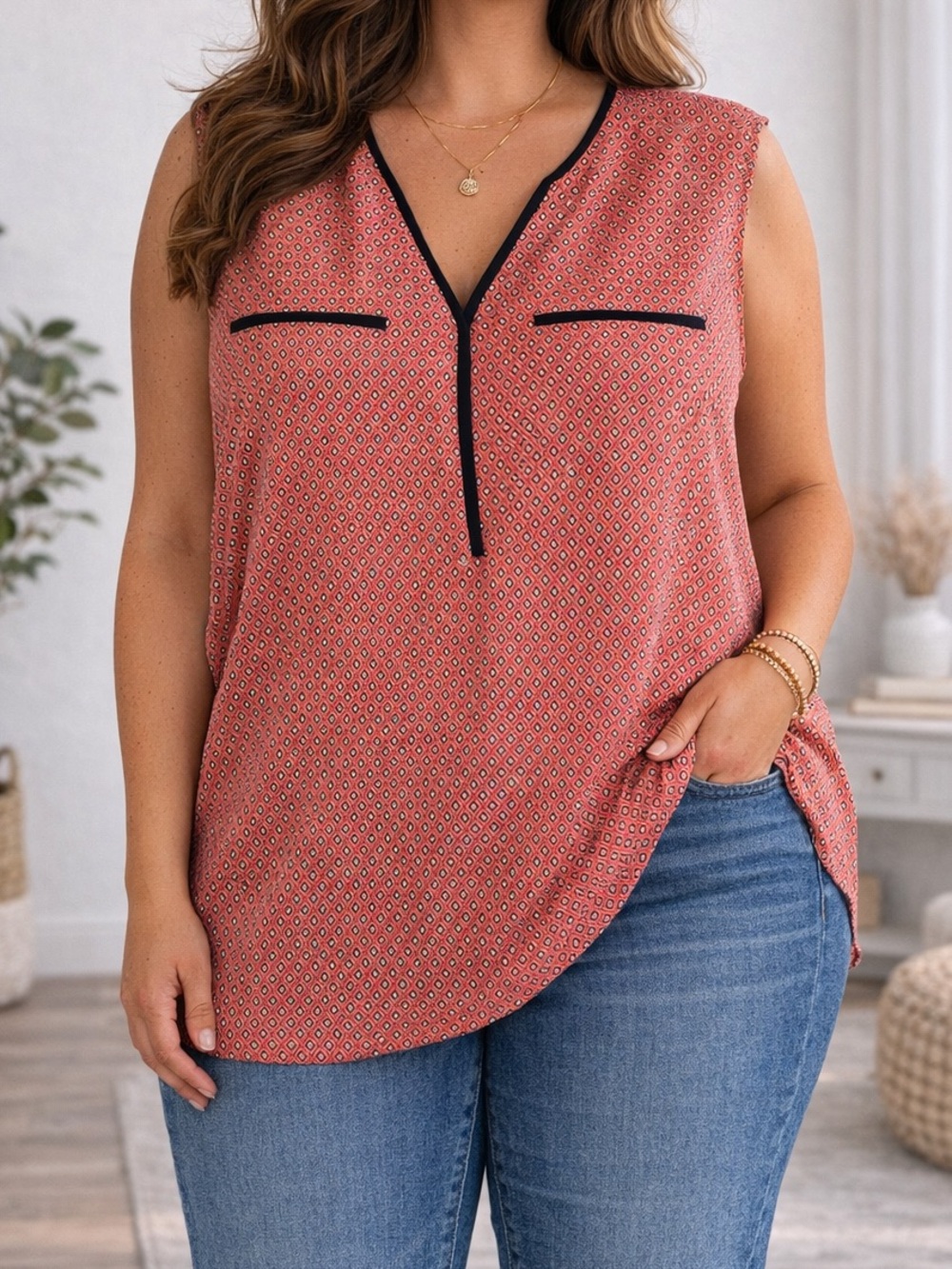 Ann Taylor Rust Sleeveless V Neck Tank Black Trim Patterned Blouse Chic Office